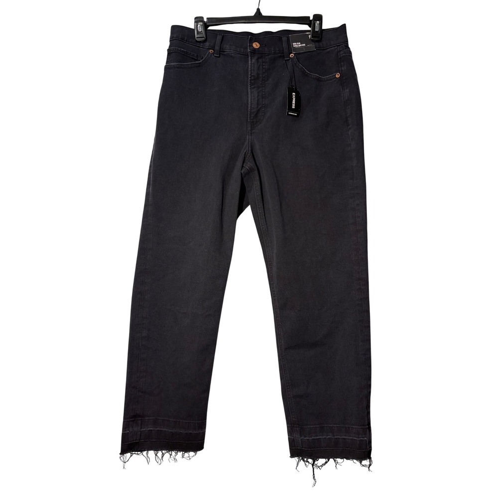Express NWT Mom Jeans Super High Rise Black Frayed Raw Hem Denim Pants Size 12